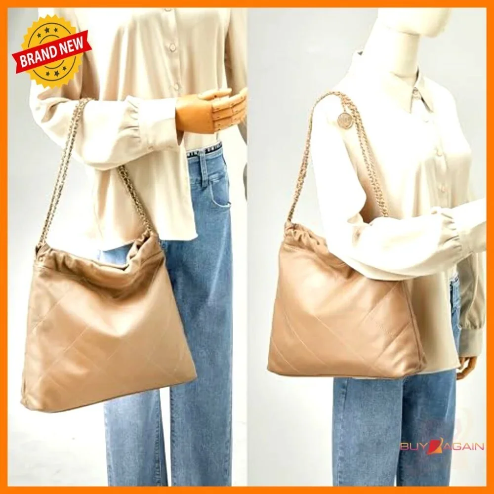 Medium Lambskin Leather Tote Bag with Matching Clutch, Magnetic Closure